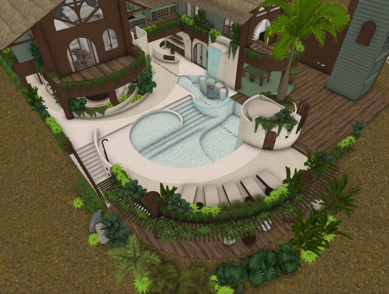 Aerial design rendering of the main Elevate complex showing stacked containers, towers, the pool and jungle setting