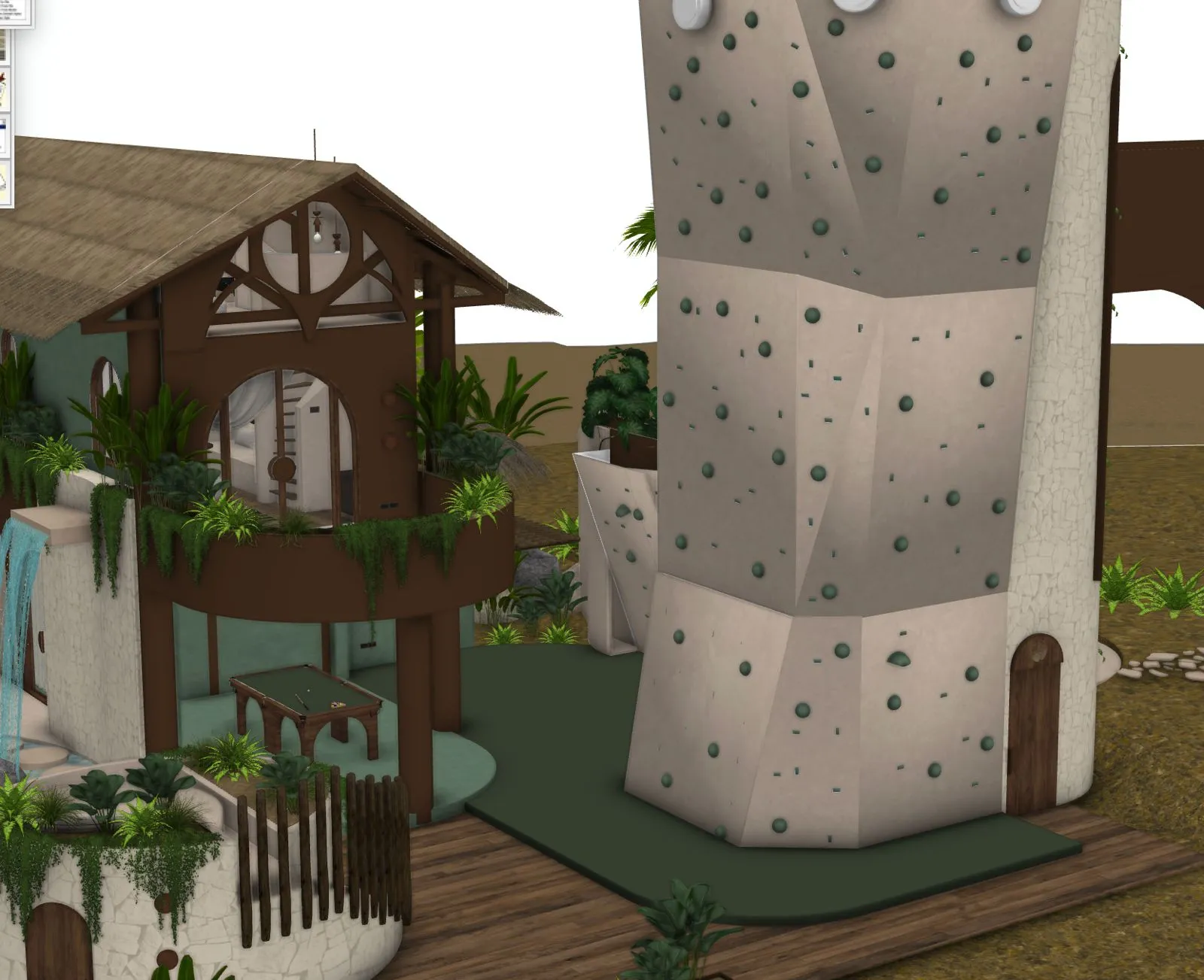 Design rendering of the two-sided climbing tower beside a thatched pavilion
