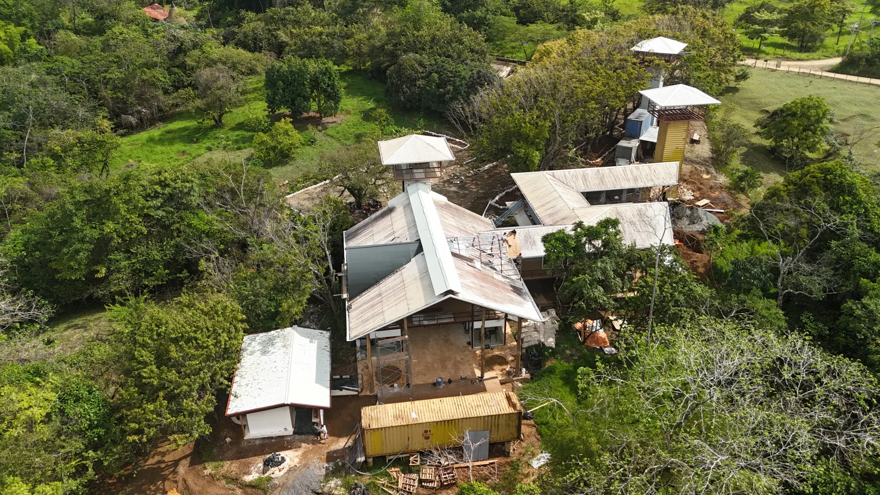 Drone photo looking down on the Elevate construction site and its shipping containers