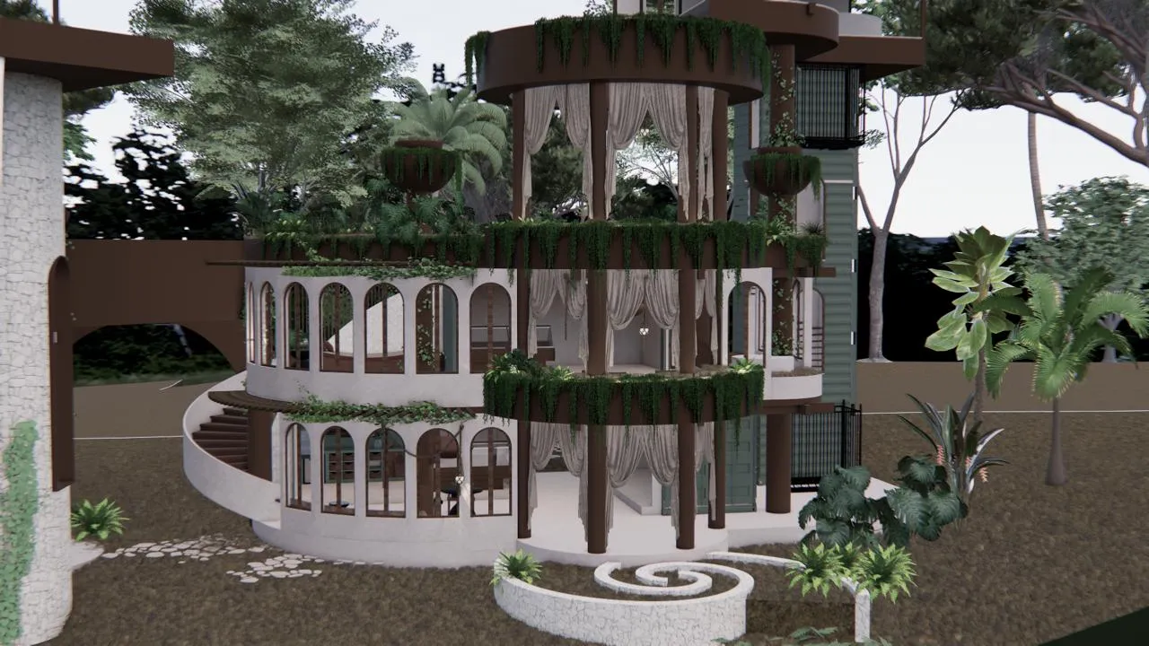 Design rendering of the round, tiered garden building with planted balconies