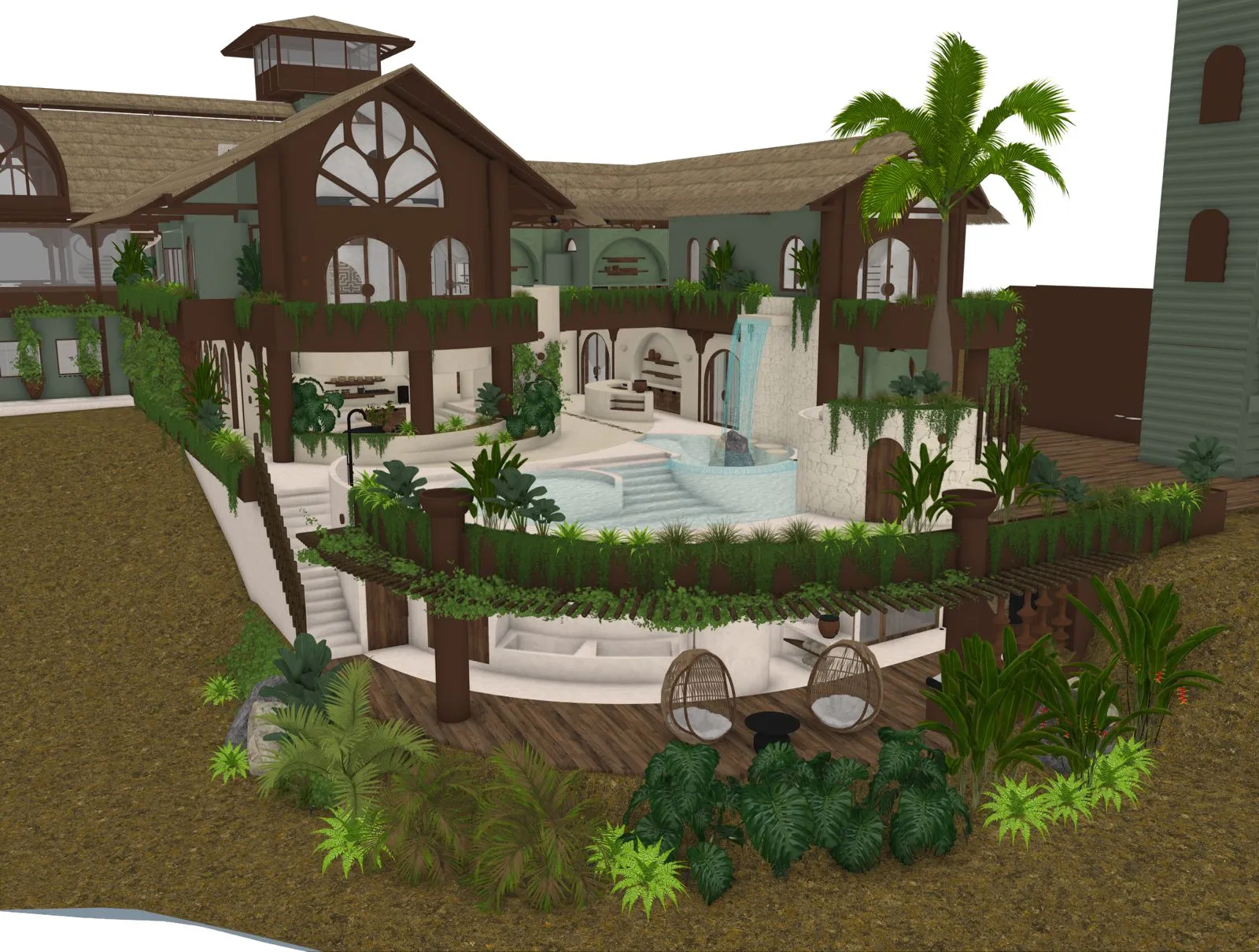 Design rendering of the Elevate complex: shipping container architecture, a tower, a pool with a waterfall and tropical planting