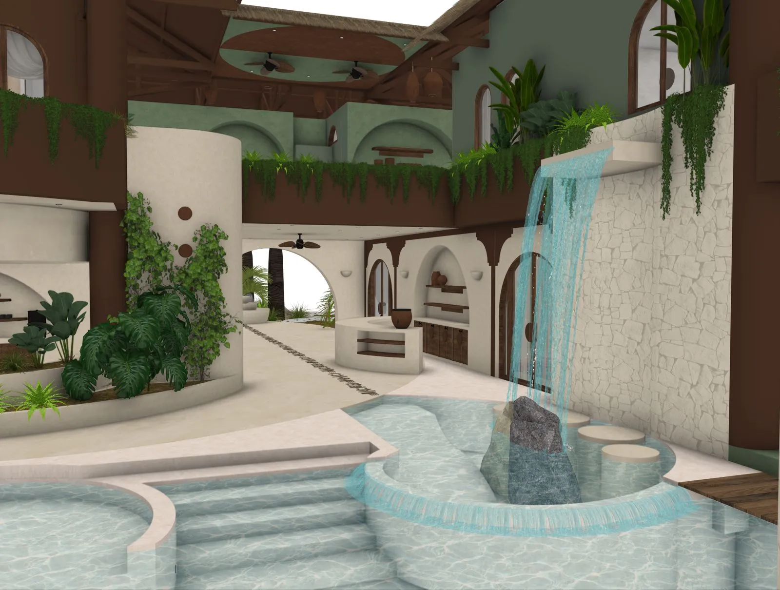 Design rendering of the pool's waterfall and climbing wall