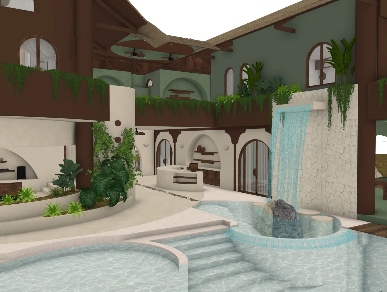 Design rendering of the tropical swimming pool with a waterfall, steps and a jacuzzi
