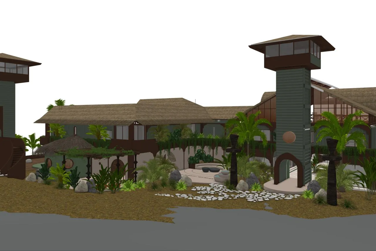 Design rendering of a container tower with a palm-thatch roof next to the guest wing